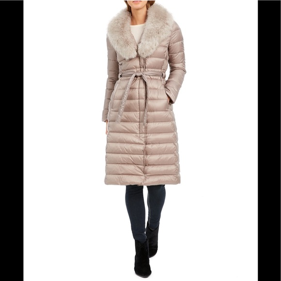 T Tahari Jackets & Blazers - Tahari down Belted Faux-FurCollar Down,truffle,NWT